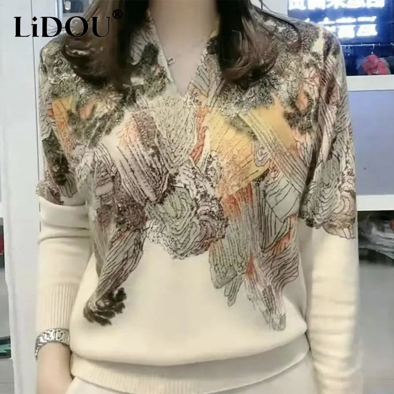 Autumn Winter Landscape Printing Diamonds Elegant Fashion Sweater Ladies 6XL Loose Casual All-match Pullover Top Knitting Jumper alx