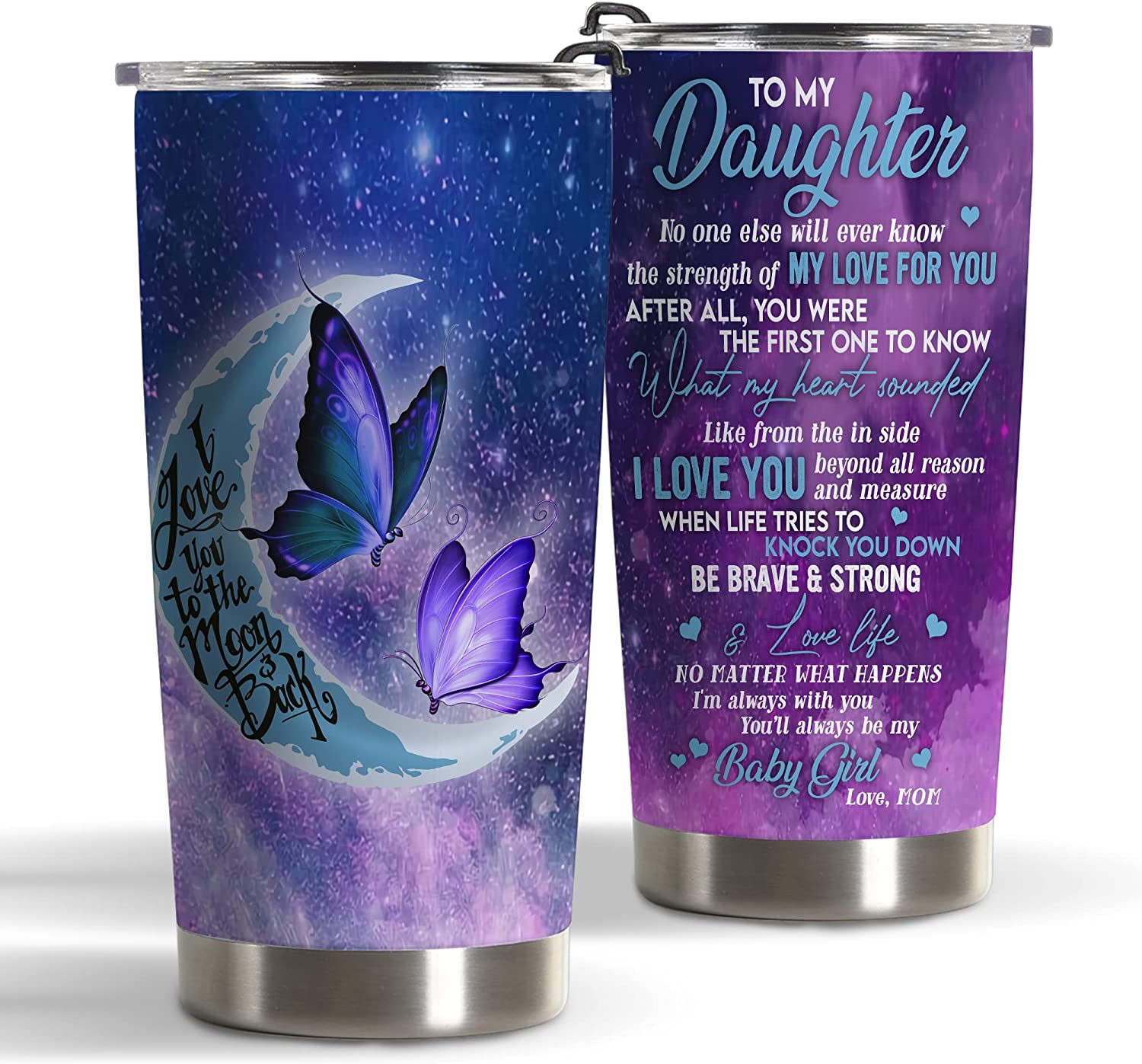 Daughter Tumbler 20 Oz Gift – Mom Daughter Gift Insulated Stainless Steel Tumbler 20 Oz For Women – Butterfly Birthday Graduation Christmas Valentine Gifts For Daughter – Daughter Tumbler