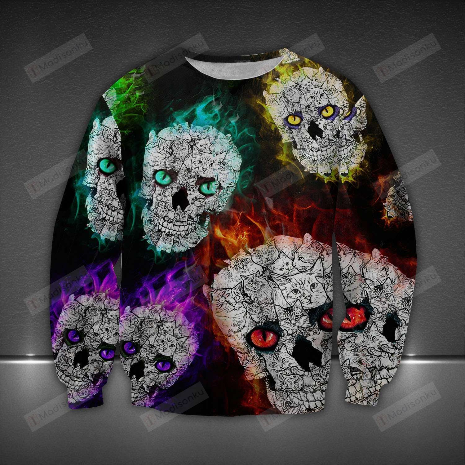 Skull Cats Ugly Christmas Sweater, All Over Print Sweatshirt