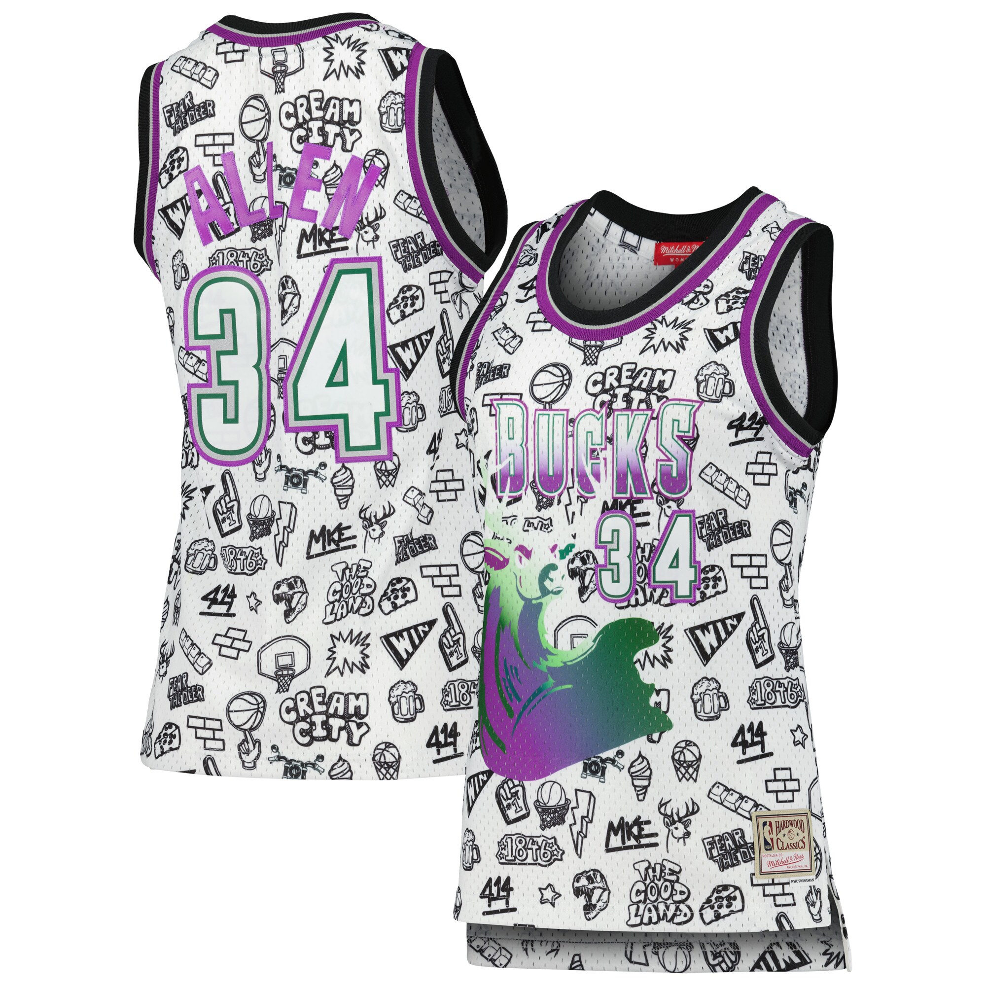 Ray Allen Milwaukee Bucks Mitchell & Ness Women's 1996 Doodle Swingman Jersey – White