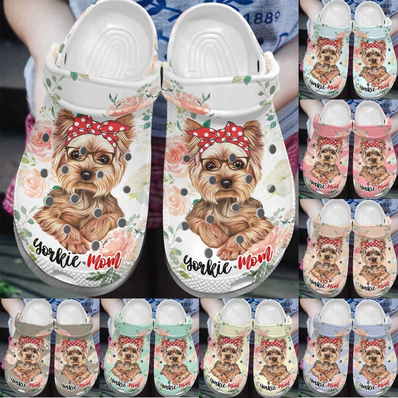 Yorkie Personalize Clog, Custom Name, Text, Fashion Style For Women, Men, Kid, Print 3D Whitesole Floral Yorkie Mom