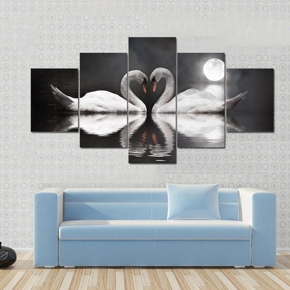 Romantic Swan During Valentine?S Day Animal 5 Panel Canvas Art Wall Decor