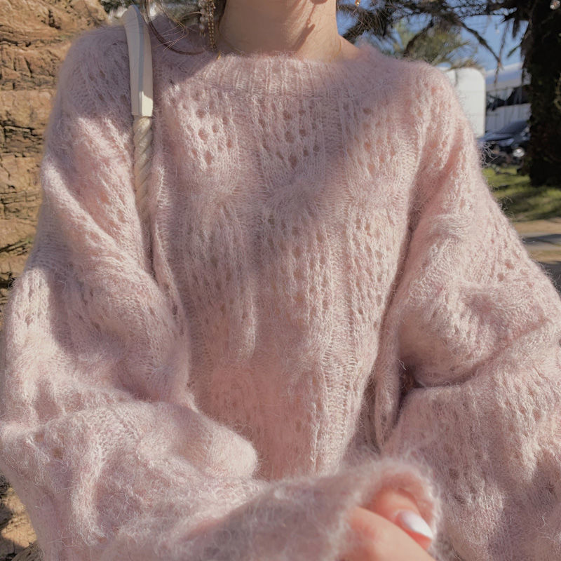 Women Mohair Soft Thin Sweaters Retro Hollowed Rib Knitted Pullovers Sweet Girls O-neck Loose Sweatshirt Elegant Korean Clothing alx