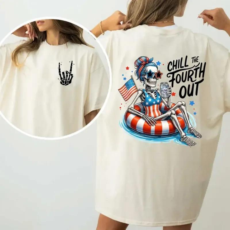 Chill the Fourth Out T-Shirt, Skeleton in American Flag Swimsuit Graphic, Fun & Relaxed for 4th of July Celebrations – KitchenEra
