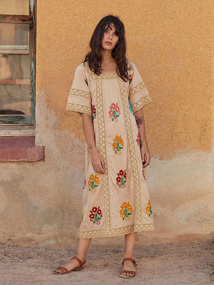 Summer new style retro ethnic embroidery lace loose-fitting square collar loose dress Bohemian holiday beach island dress alx