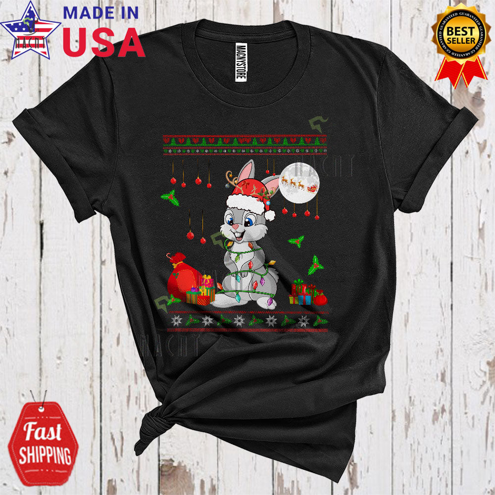 Santa Reindeer Rabbit Wearing Xmas Lights Funny Cool Christmas Sweater Animal Rabbit Lover T-Shirt