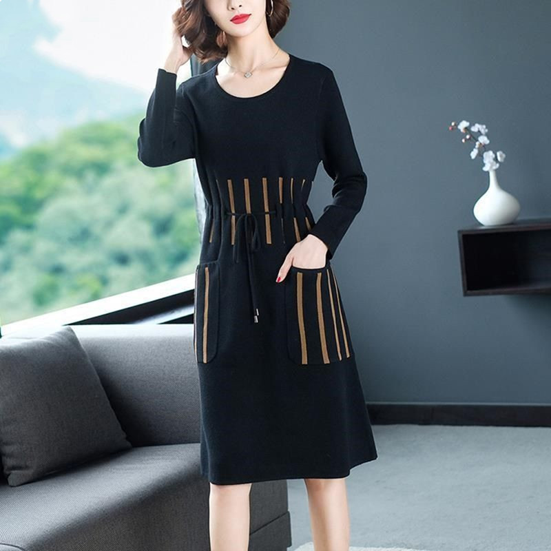 Women Knitting Sweater Dress For Spring Autumn 2022 New Casual O-Neck Striped Draw String Slim Pockets Bottom Oversize Clothes alx