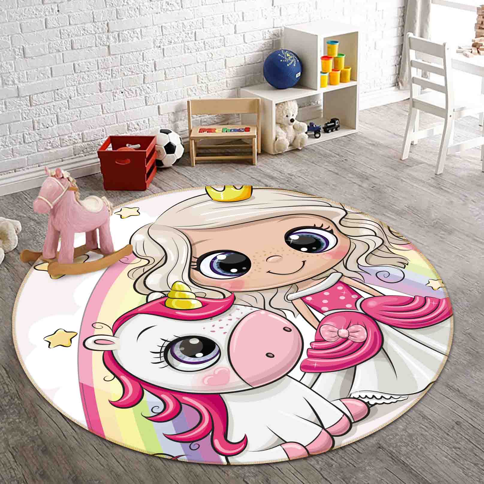 3D Cartoon Girls Unicorn Kids Non-Slip Round Rug Mat 65