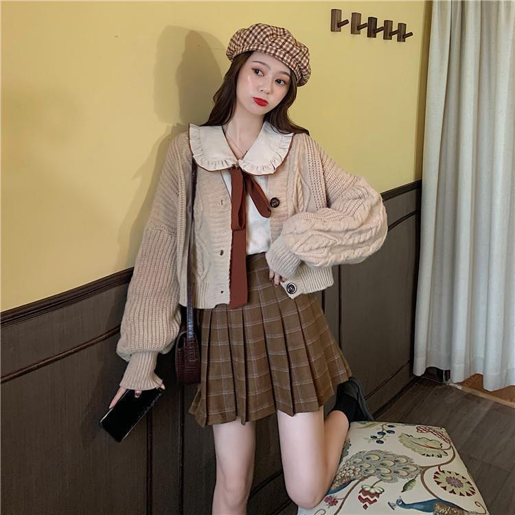 Women Sets 3Pcs Cropped Cardigan Sweaters Peter Pan Collar Shirts Sweet Girls Preppy Style Plaid Mini Skirts Retro Winter Lovely alx