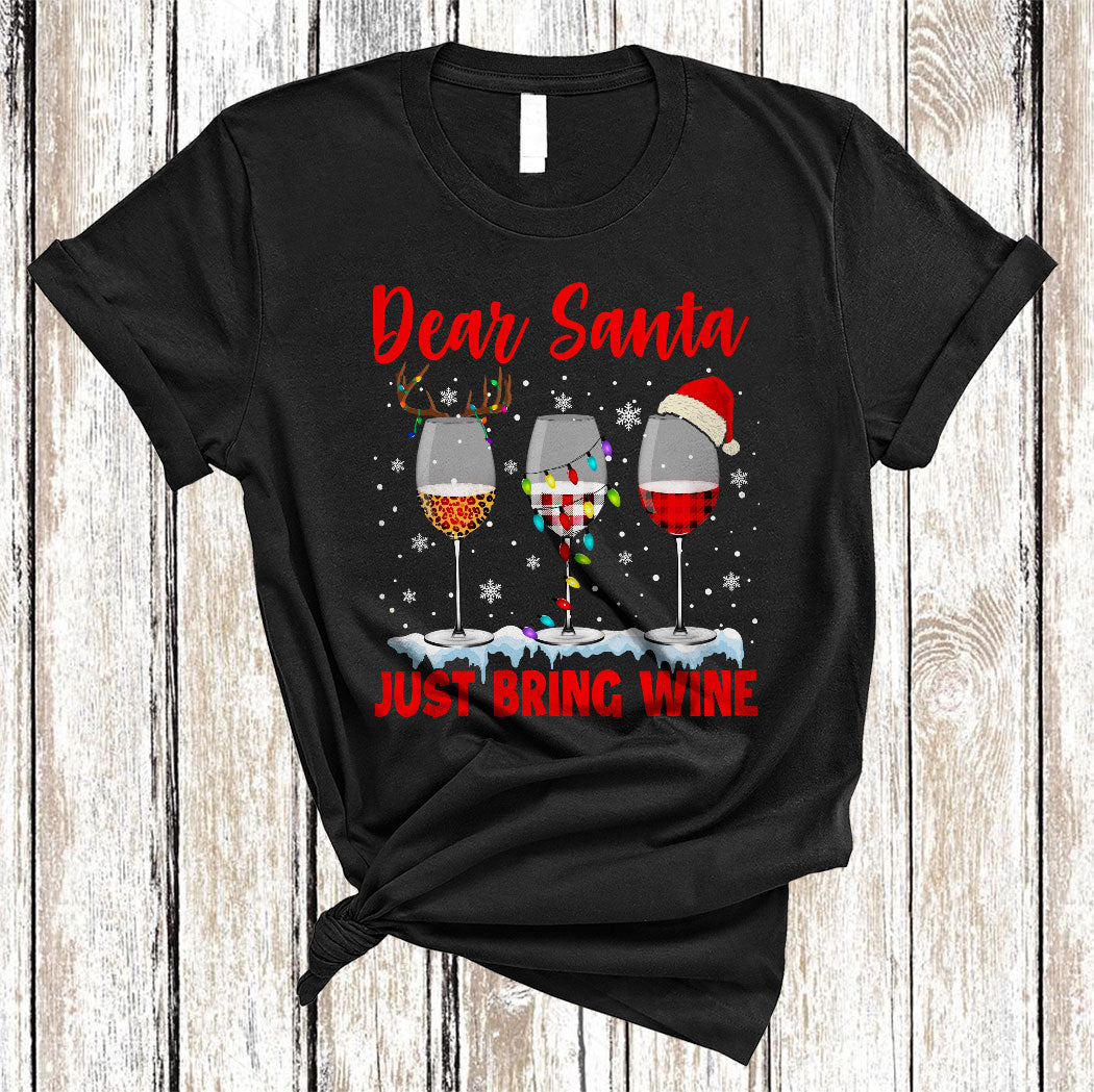 Dear Santa Just Bring Wine Cool Christmas Wine Leopard Plaid Drinking Lover Gifts T-Shirt