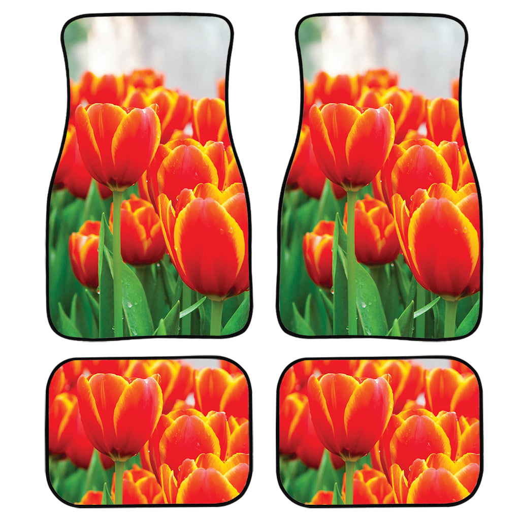 Red And Yellow Tulip Print Front And Back Car Floor Mats, Front Car Mat