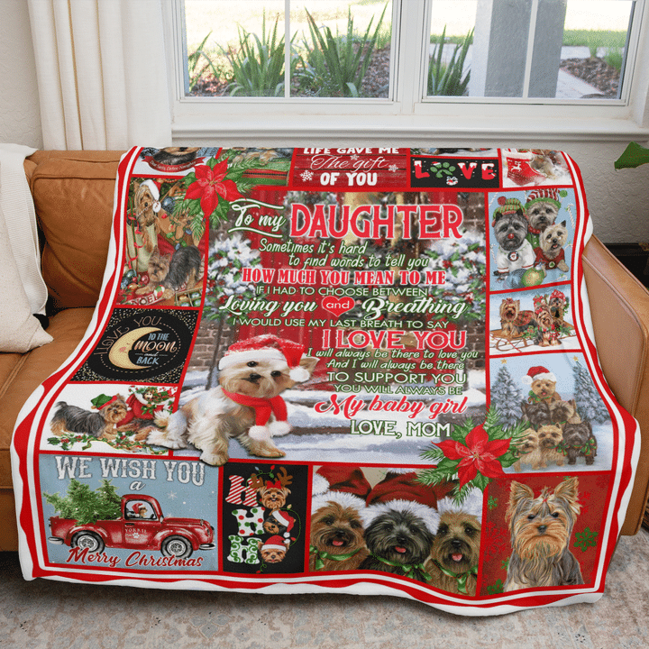 To My Daughter Love You Forever Yorkie Christmas Blanket Gift For Daughter From Mom, Gift For Dog Lovers Birthday Gift Home Decor Bedding Couch Sofa Soft And Comfy Cozy