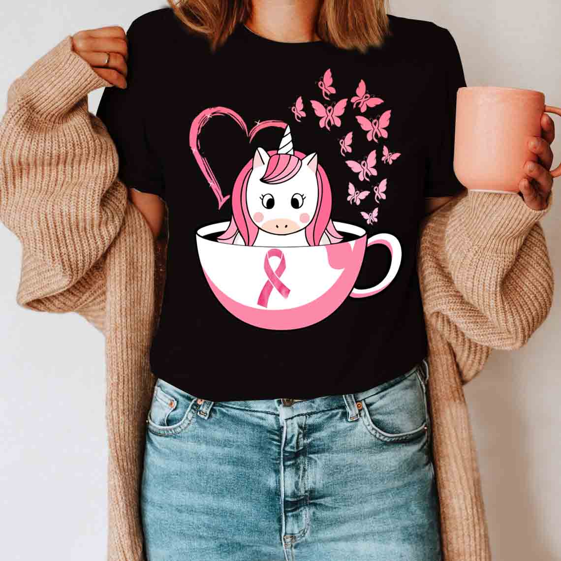 Coffee Unicorn Shirt – Breast Cancer Awareness T-Shirt Gifts For Mom Daughter Friends Hoodies Sweater Pink