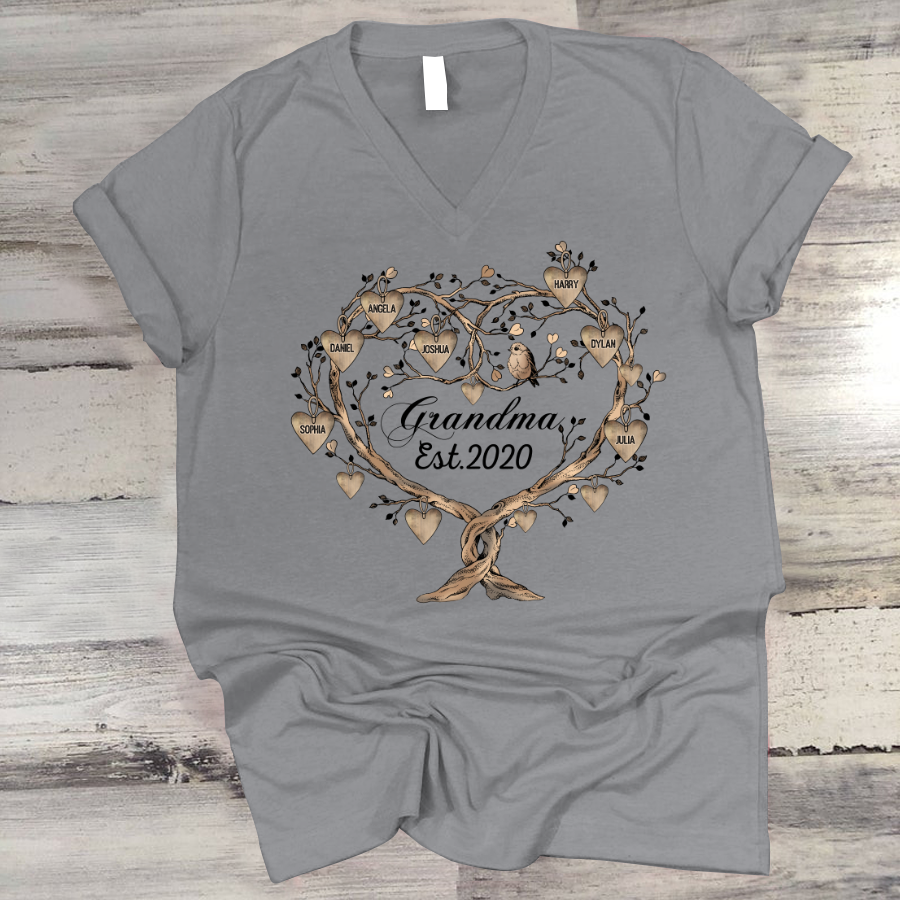 Grandma Tree Heart Kid Names V-Neck