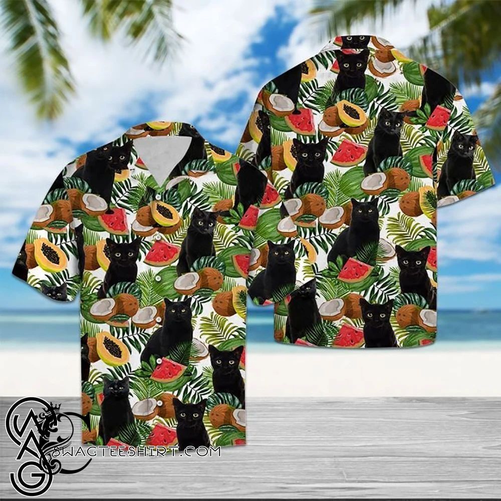 Beach Shirt Black Cat Tropical Fruits Hawaiian Shirt- Chillicothemall