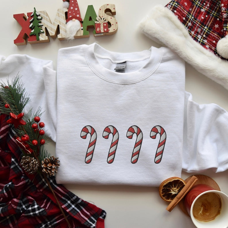 Candy Cane Christmas Embroidered Sweatshirt 2D Crewneck Sweatshirt All Over Print Sweatshirt For Women Sweatshirt For Men Sws4773