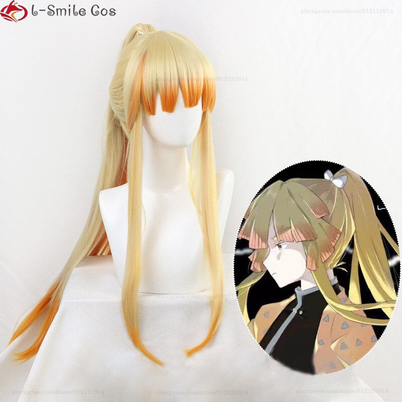 Anime Demon Slayer Kimetsu No Yaiba Agatsuma Zenitsu Cosplay Wig Long Hair Heat Resistant Halloween Costume Woman Wigs + Wig Cap alx