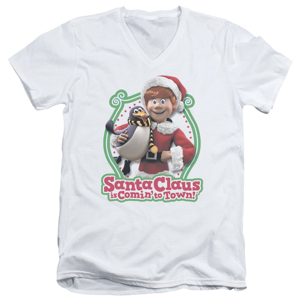 Santa Claus Is Comin To Town Penguin Mens Slim Fit V-Neck T Shirt White