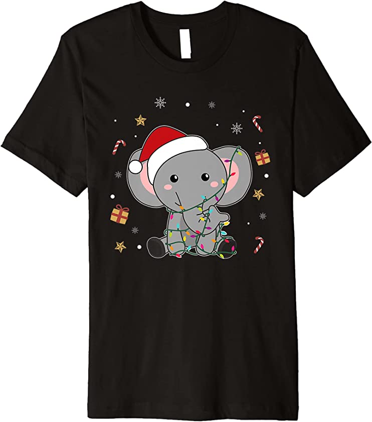 Merry Christmas Elephant Cute Santa Hat With Lights Pajama Premium T-Shirt