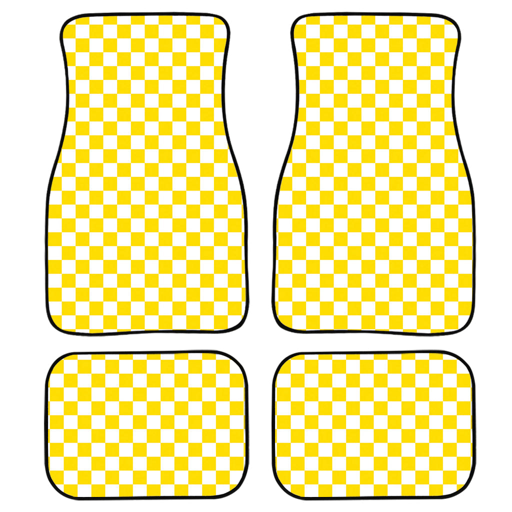 Yellow And White Checkered Pattern Print Front And Back Car Floor Mats, Front Car Mat