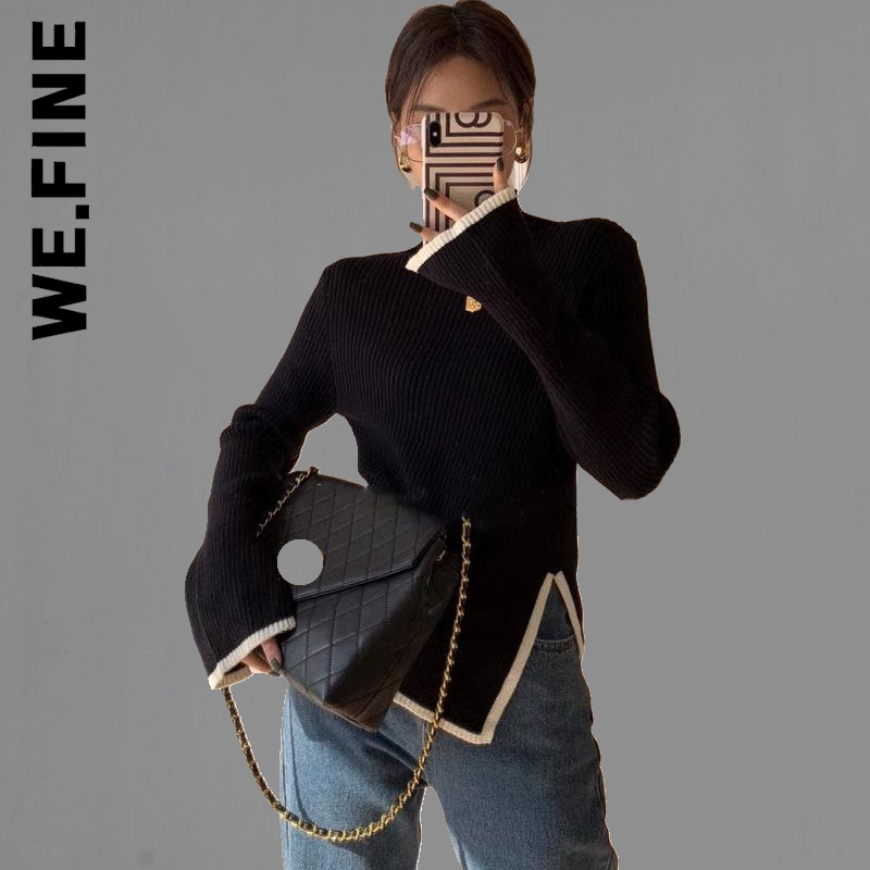 We.Fine Fashion Knit Sweaters Long Flare Sleeve Turtleneck Women Sweater Autumn Winter New Side Slit Pullover Tops Korean Basic alx