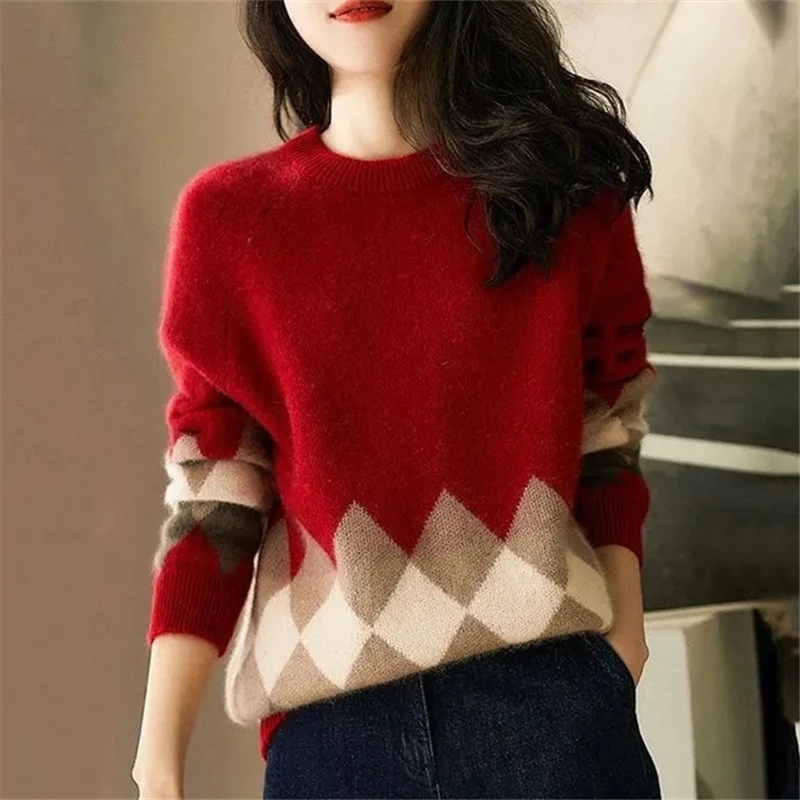 Women Sweater Bottoming Shirt Spring Autumn Contrast Color Diamond Round Neck Pullover Long Sleeve Loose Fashion Commuter Top alx