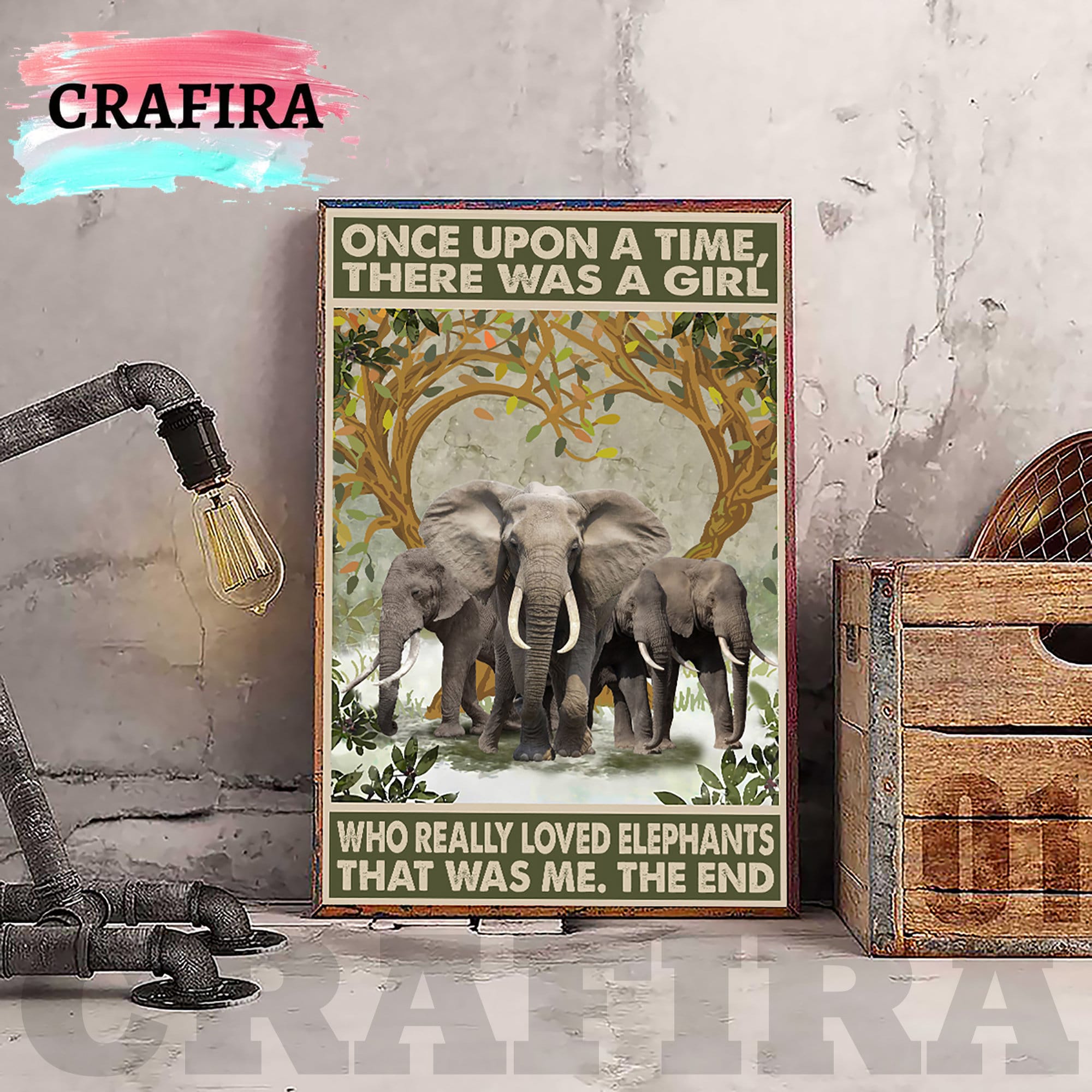 Elephant Vintage Poster, Once Upon A Time There Was A Girl Who Really Loved Elephant Framed Canvas Poster, Elephant Poster Wall Decor tho414