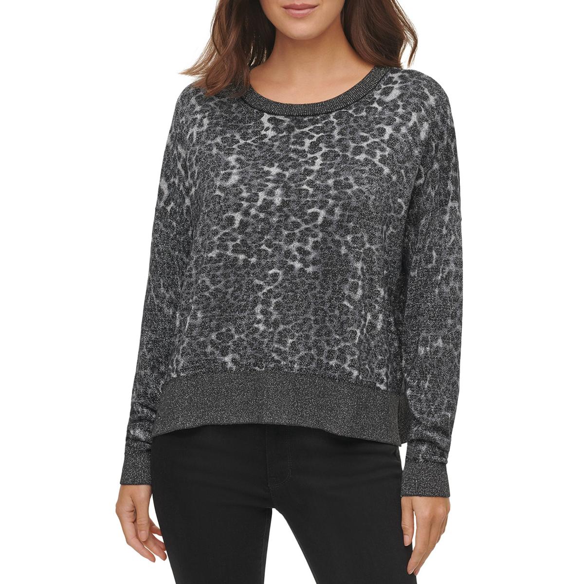 Womens Metallic Animal Print Crewneck Sweater