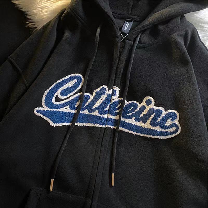 Cat Embroidery Sweatshirts Hooded Lamb Fleece Zip up Hoodies Women Autumn Winter Clothes Thickened Couple Y2k Coat Top Fashion alx