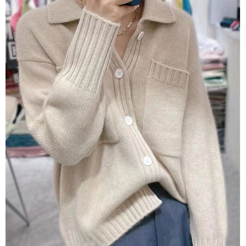 Casual Warm Lapel 100% Pure Wool Ladies Cardigan Sweater Hot Sale Long Sleeve Knit Jacket Women Cashmere Sweater FRSEUCAG brand alx