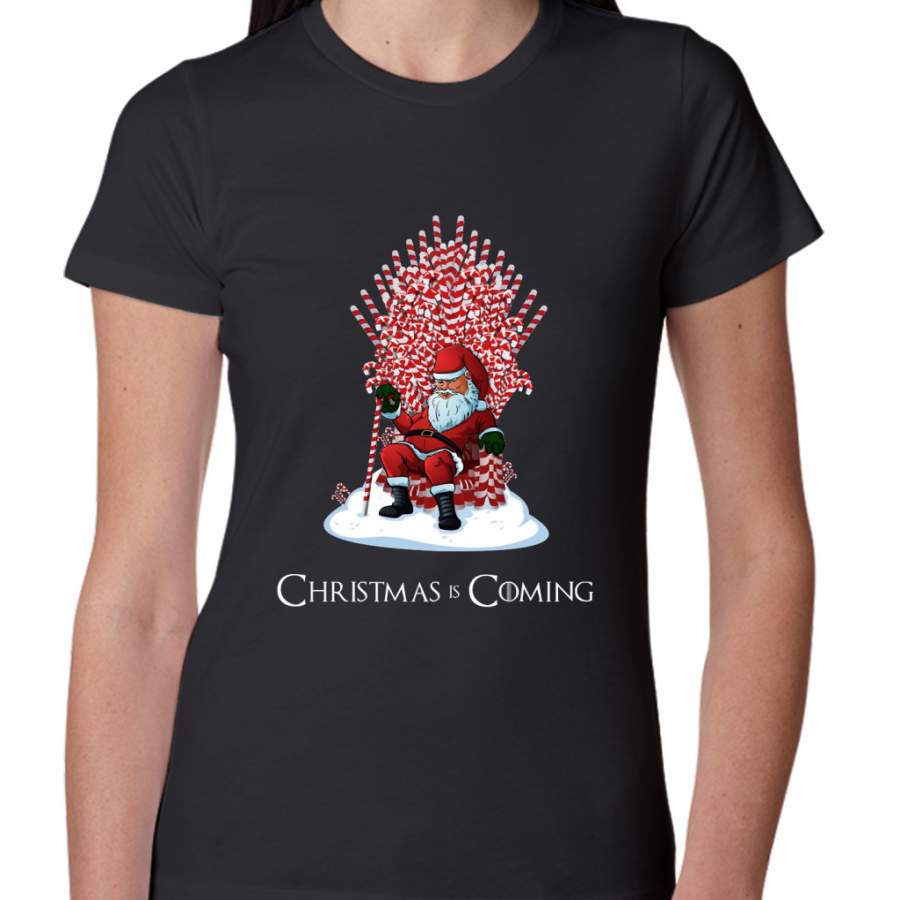 Christmas Is Coming Santa Candy Cane Throne T-Shirt Women T-Shirt