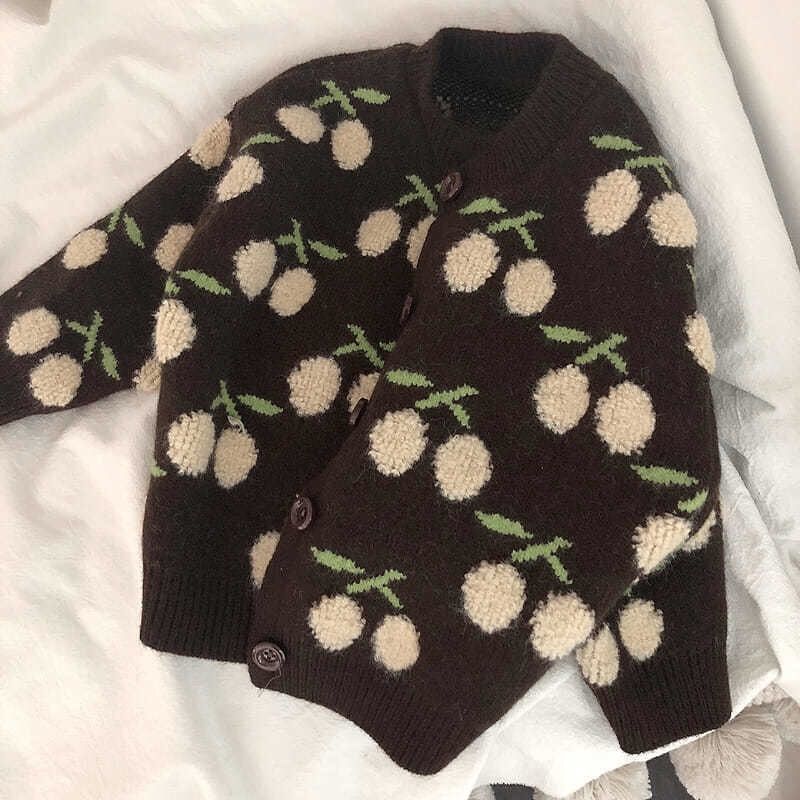 2022 Korean Kids Vintage Cherry Pattern Baby Boy’s Sweater Autumn Winter Tops for kids girls Knitted sweater Big kids cardigan alx