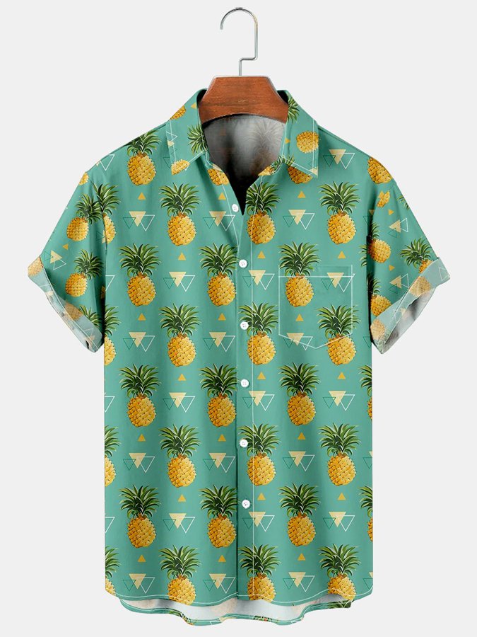 Mens Tropical Pineapple Print Casual Breathable Chest Pocket Short Sleeve Hawaii Shirts Ha26384