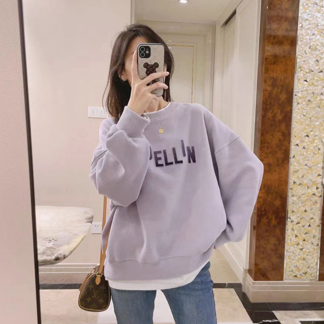 Women Purple Sweatshirt Letter Print Crew Neck Fake Two Korean Fashion Hip Hop Leisure Loose Thicken Winter New Tops Pullover alx