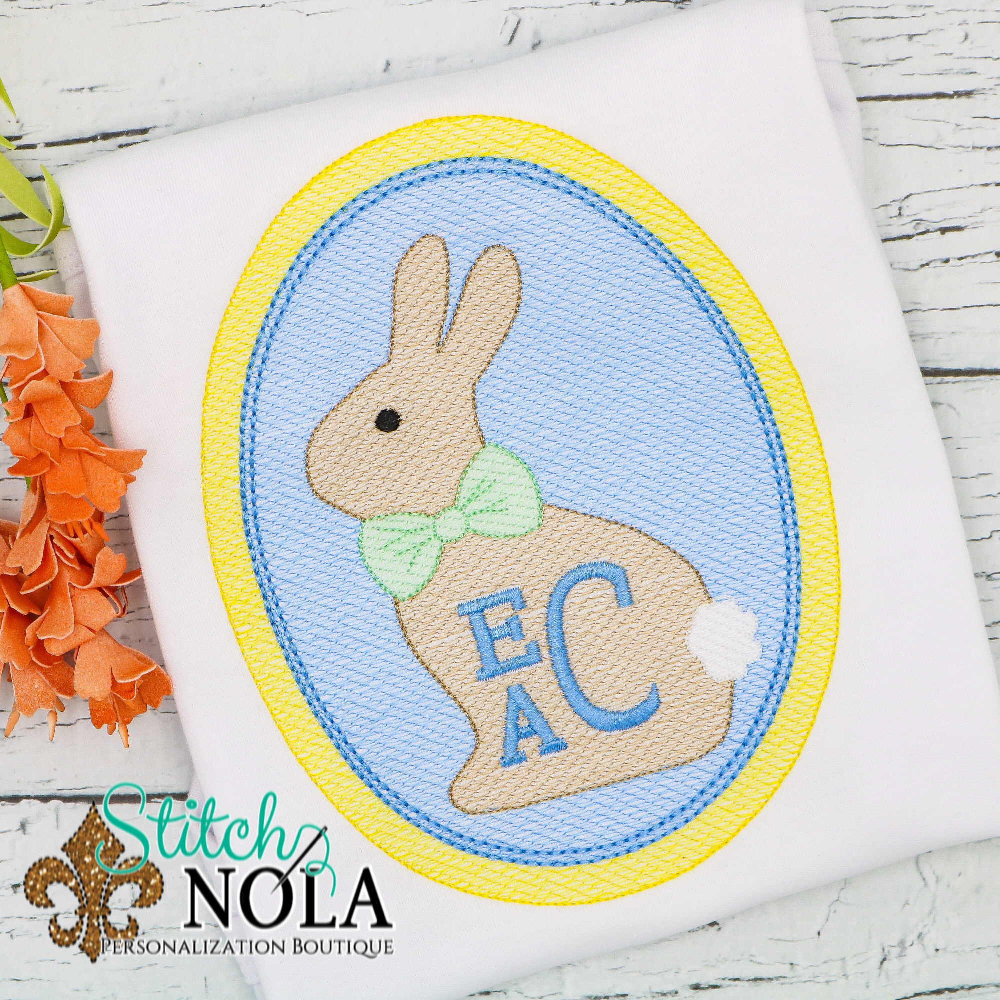 Personalized Easter Bunny In Oval With Monogram Sketch Shirt