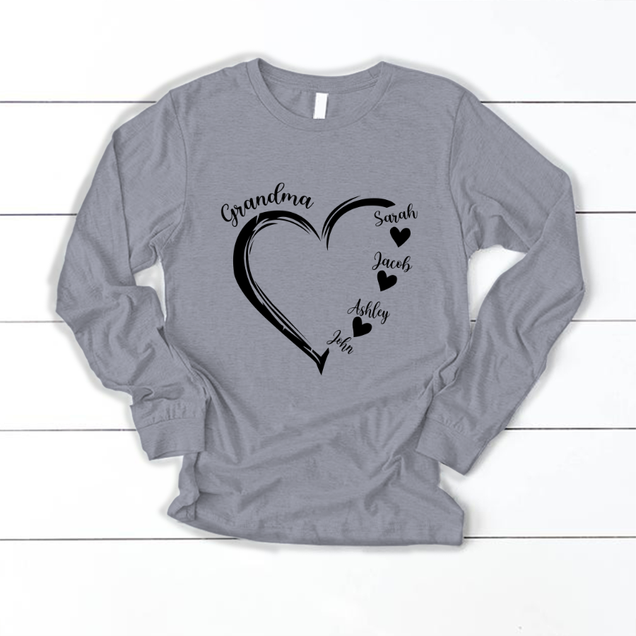 Grandma And Grandkids Heart , Grandma Heart Shirt, Custom Nana Shirt, Grandma And Grand Kids Longsleeve