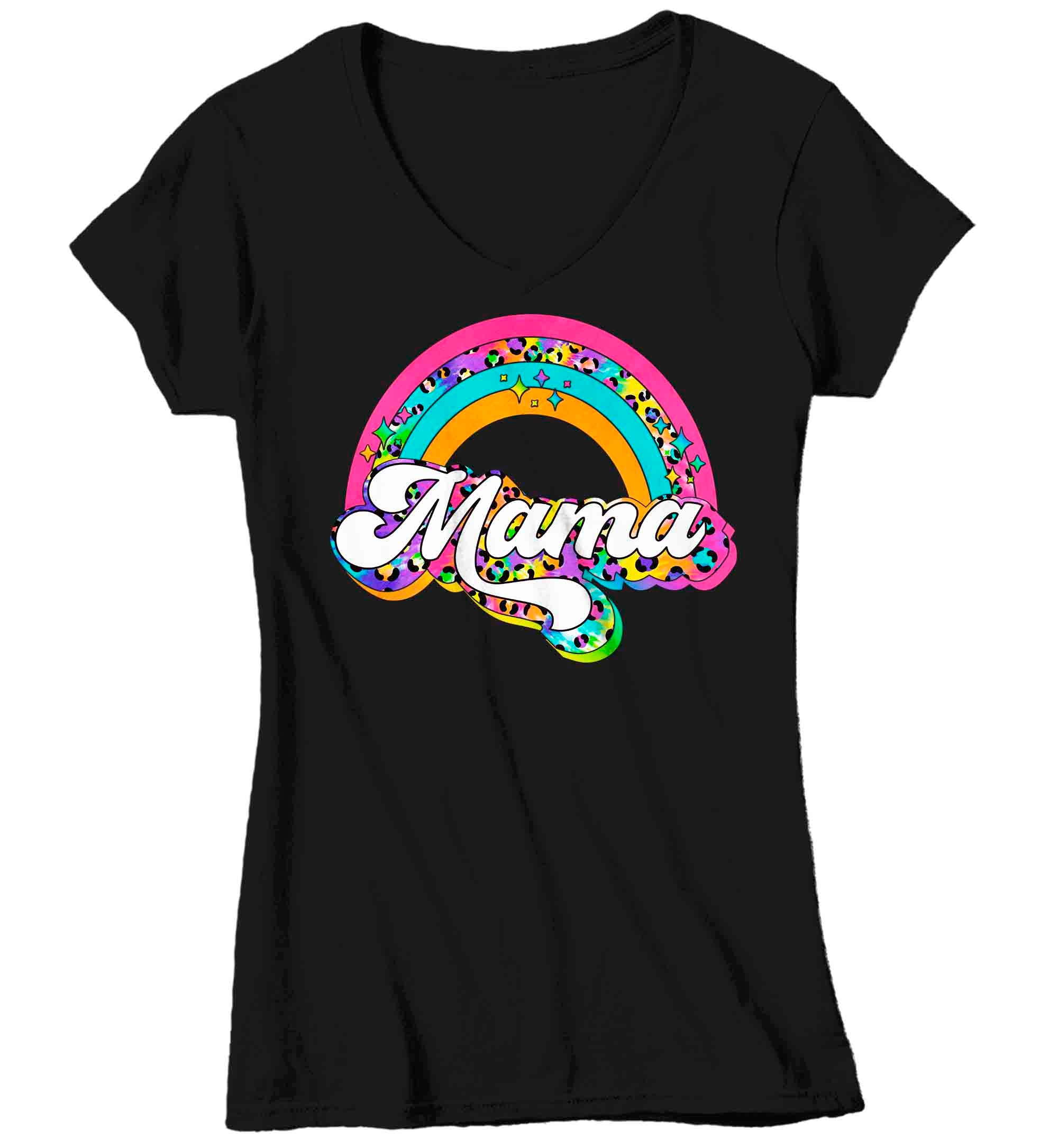 Women’S V-Neck Retro Mama Shirt Rainbow Mom T Shirt Vintage Leopard Print Tshirt Mother’S Day Mama Tee Ladies V-Neck Soft Cotton Gift Idea