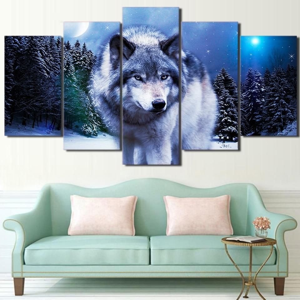 Snow Wolf Moon 21 Animal 5 Panel Canvas Art Wall Decor