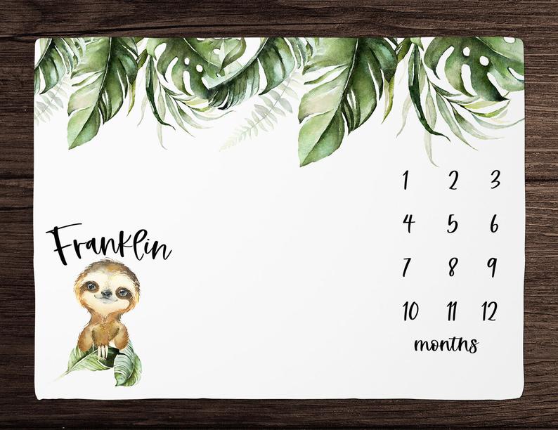 Sloth Milestone Blanket, Boy Monthly Growth Blanket, Personalized Baby Boy Blanket With Sloth Baby Shower Gift For New Mom , Custom Baby Bedding