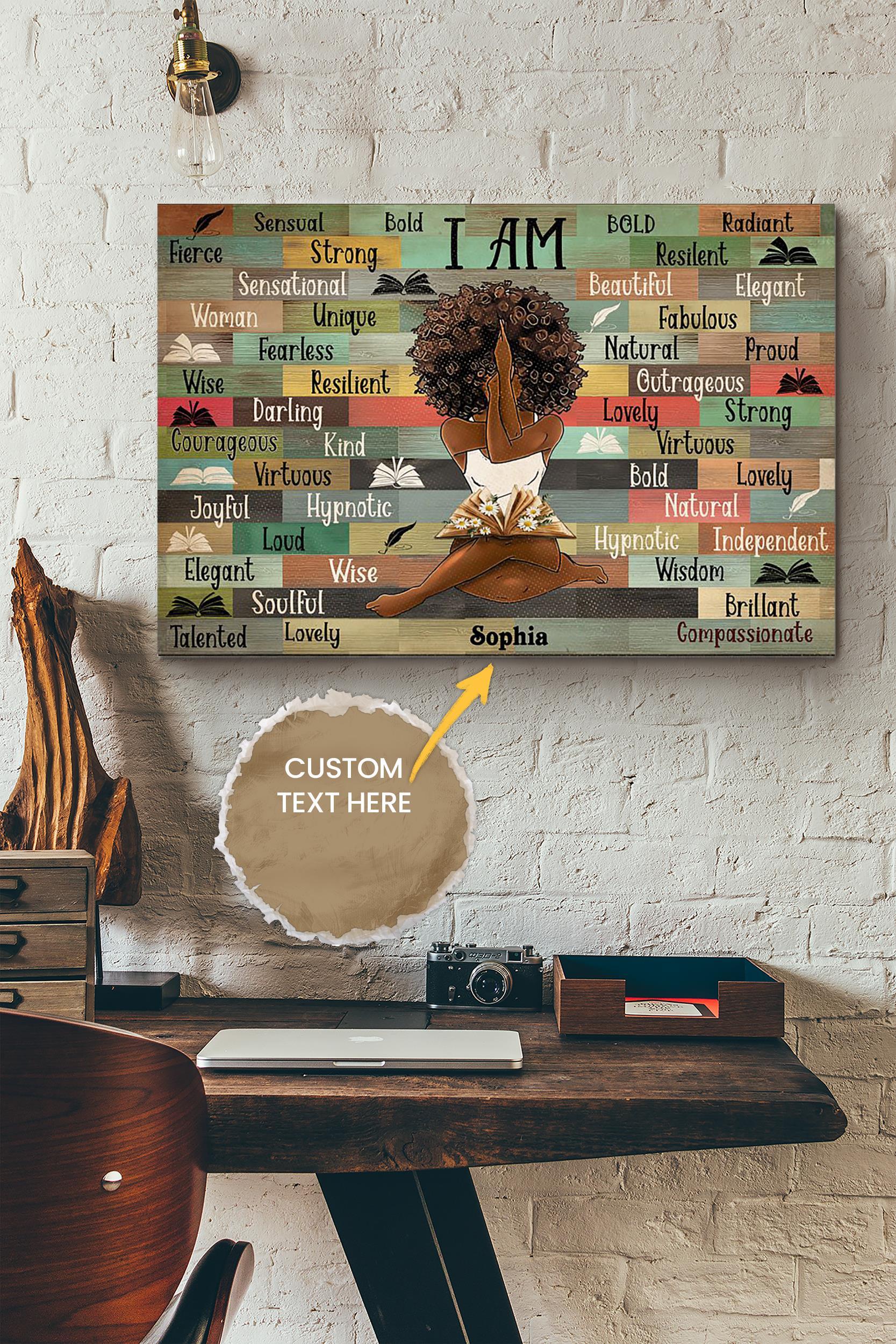 Book I Am Personalized Poster – Home Decor Wall Art – Gift For Book Lover Black Woman Library Decor Wrapped Canvas