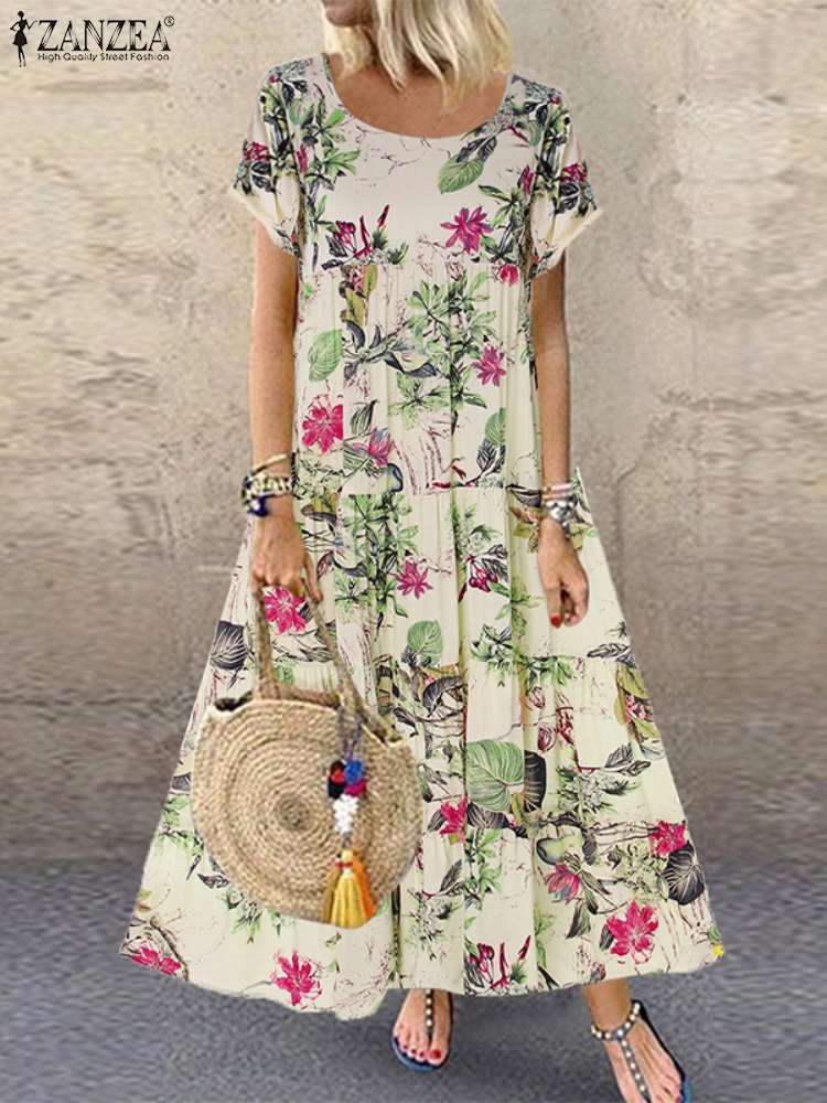 2022 ZANZEA Summer Bohemian Floral Printed Maxi Dress Women Vintage Short Sleeve Holiday Beach Long Sundress Robe Femme Vestidos alx