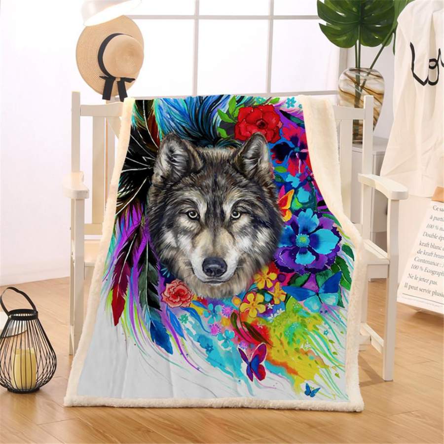 Floral Wolf Sherpa Blanket