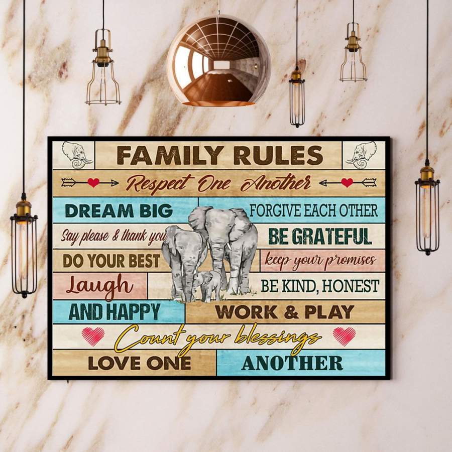 Elephants family rules keep your promises be kind honest and happy paper poster no frame/ wrapped canvas wall decor full size