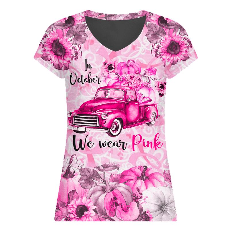 Breast Cancer Awareness Halloween Pattern Witch Woman Pink Car And Flowers V Neck Tshirt Hg