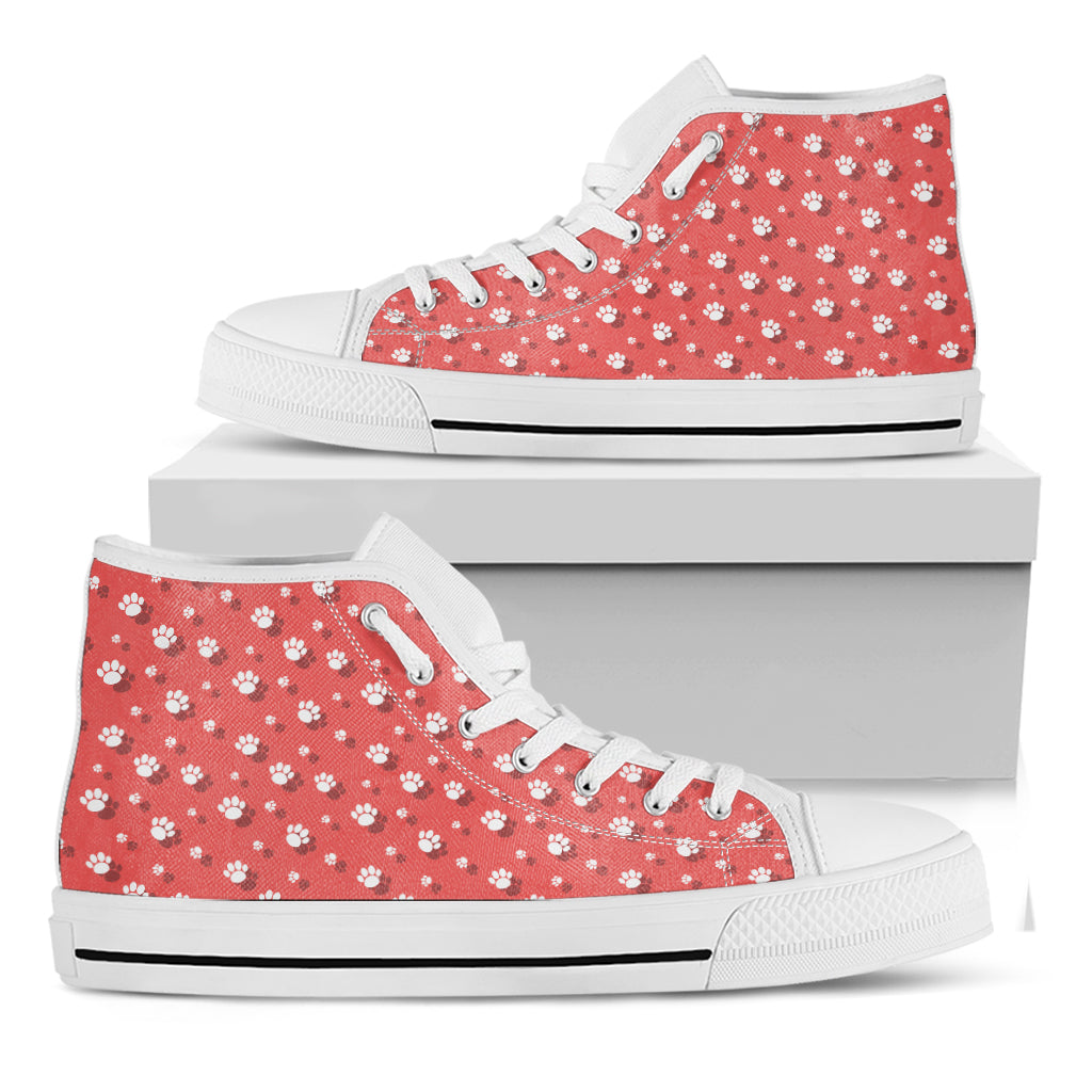 Pink And White Animal Paw Pattern Print White High Top Shoes