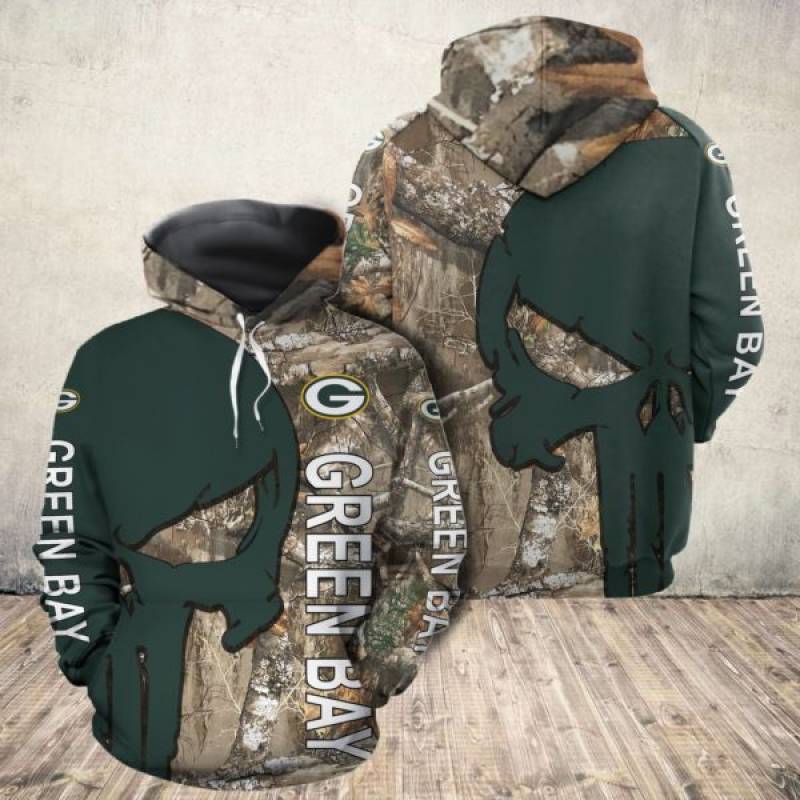 Green Bay Packers Punisher Skull Tree Camo 3D Hoodie and Zip Hoodie