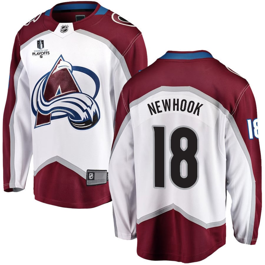 Alex Newhook 18 Colorado Avalanche Stanley Cup 2023 Playoffs Patch Away Breakaway Men Jersey – White