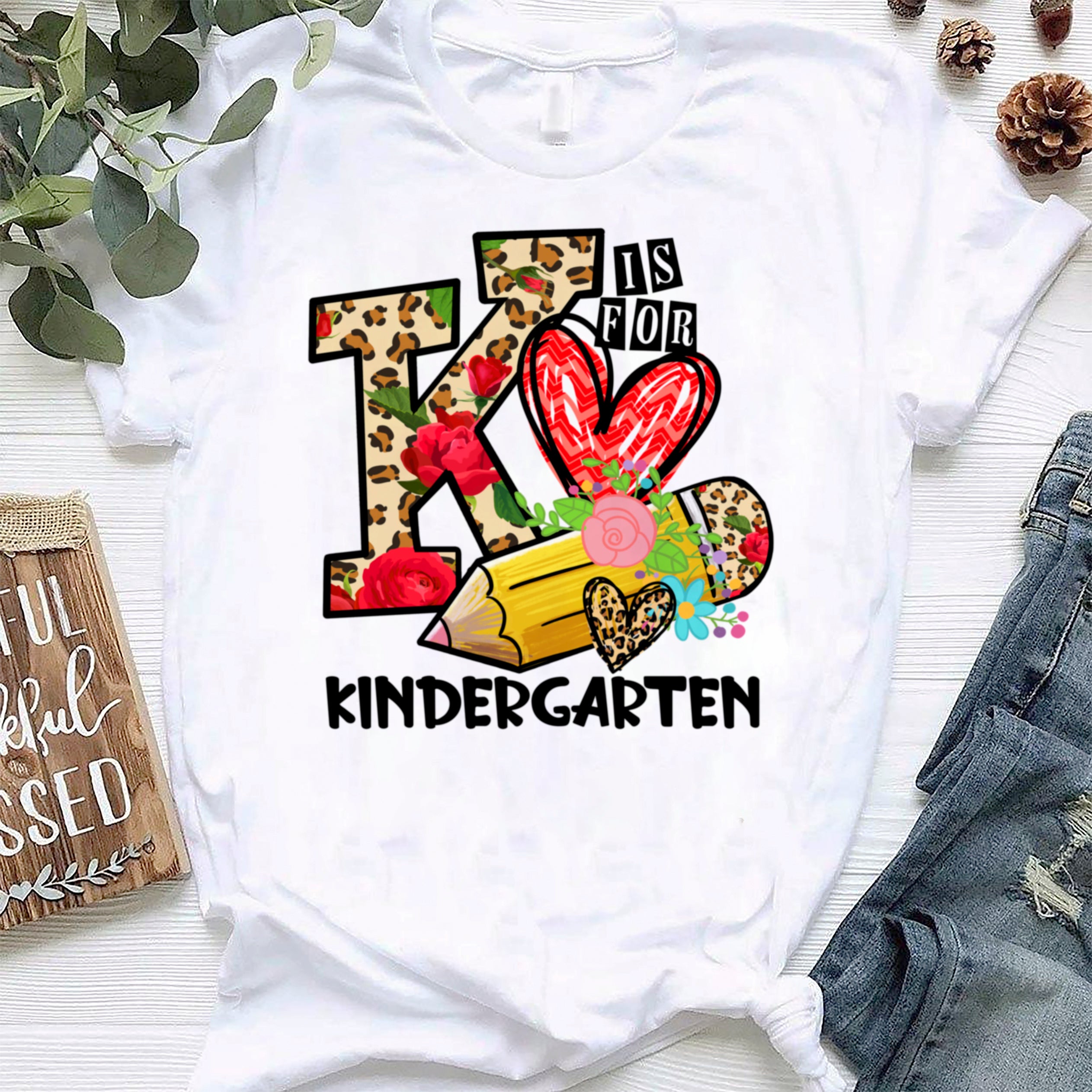 Personalized T-Shirt For Teacher K Is For Kindergarten Cute Pencil Flower And Heart Printed Leopard Design