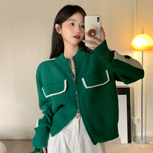 WAKUTA Zipper White Green Sweater Cardigan Women Autumn Winter 2021 Elegant Korean Style Outwear Long Sleeve O Neck Knit Tops alx