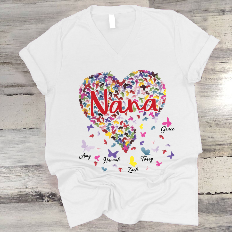 Nana And Grandkids Heart Butterfly V-Neck